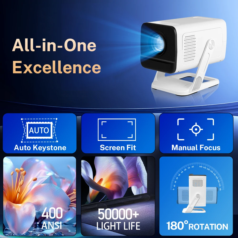 kf-Sf819e8731f5144c7aed8ee2b92830cd2m Mini Projector 1080P 4K Support with WiFi 6 & Bluetooth 5.4 Built-in Apps TV Android 11 Auto Keystone Outdoor Portable Beamer - Image 1